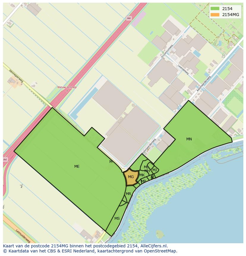 Afbeelding van het postcodegebied 2154 MG op de kaart.