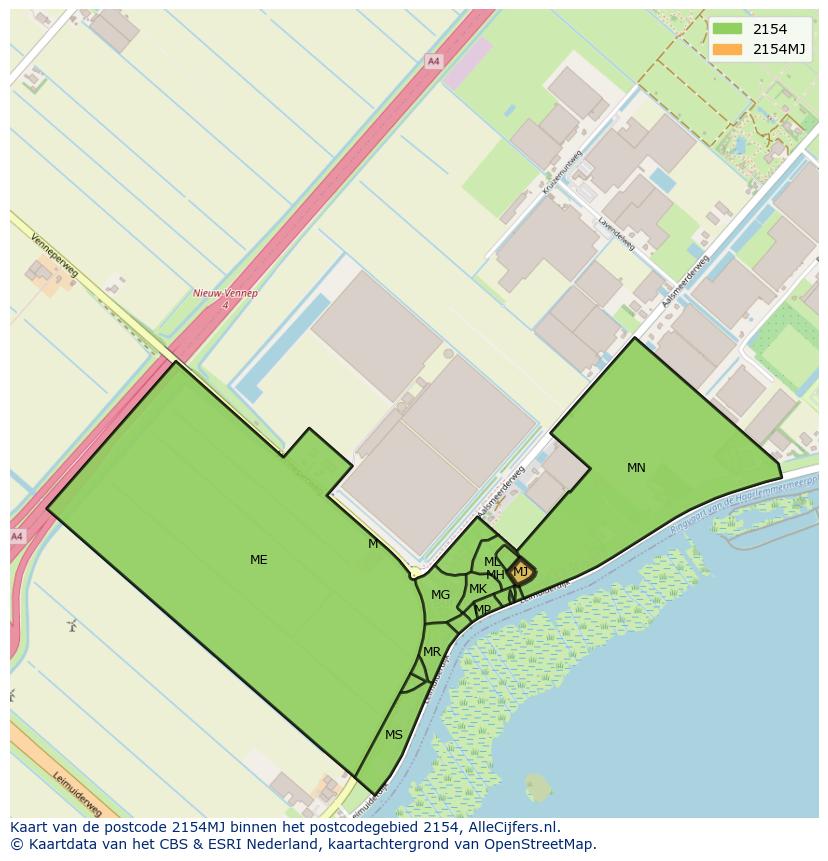 Afbeelding van het postcodegebied 2154 MJ op de kaart.