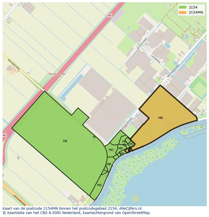 Afbeelding van het postcodegebied 2154 MN op de kaart.