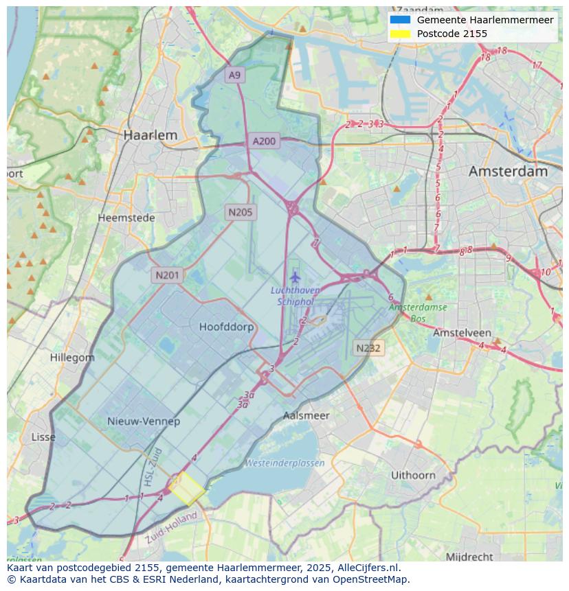 Afbeelding van het postcodegebied 2155 op de kaart.