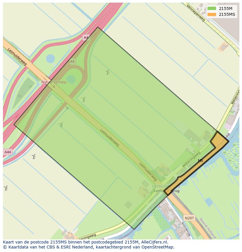 Afbeelding van het postcodegebied 2155 MS op de kaart.