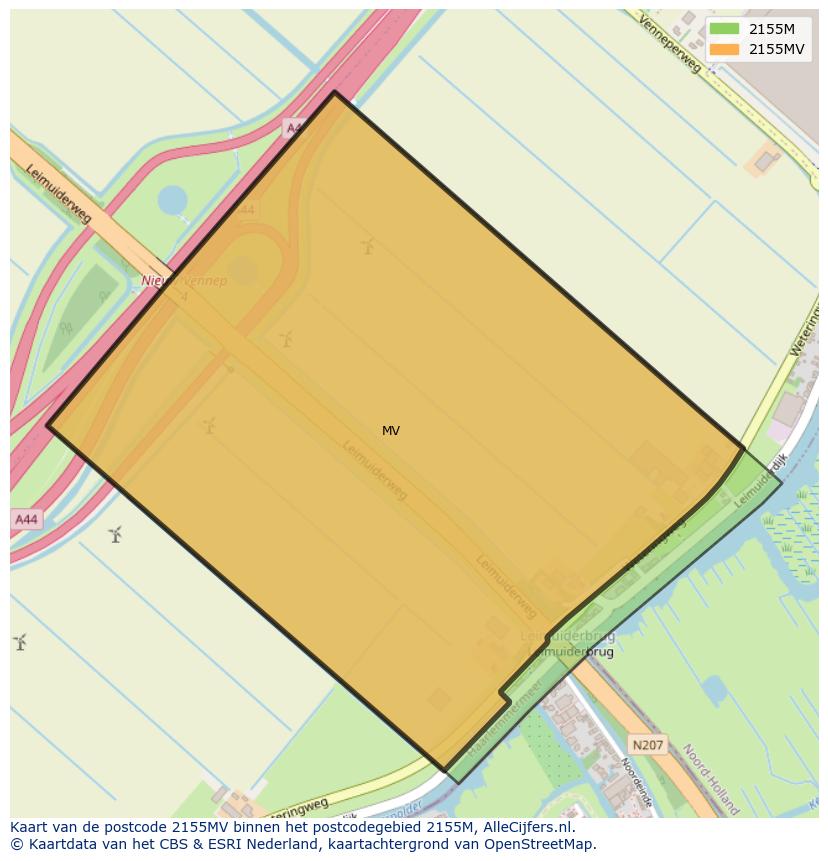 Afbeelding van het postcodegebied 2155 MV op de kaart.
