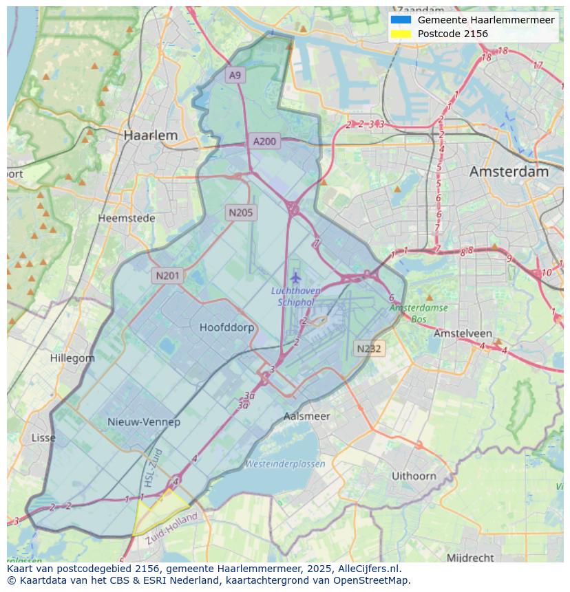 Afbeelding van het postcodegebied 2156 op de kaart.