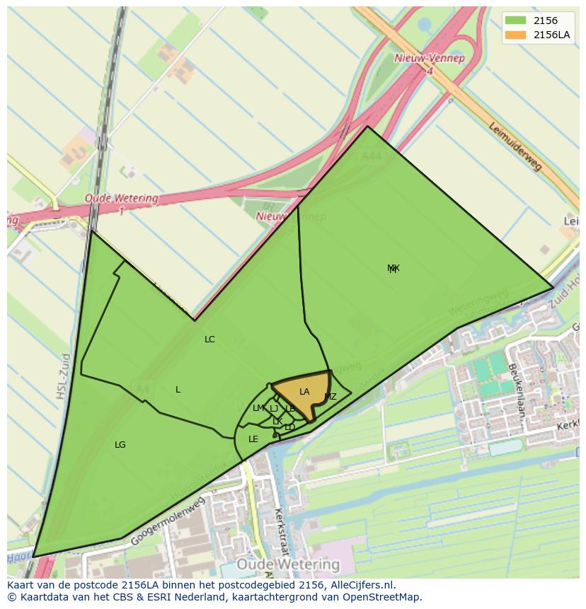 Afbeelding van het postcodegebied 2156 LA op de kaart.