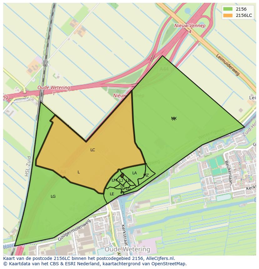 Afbeelding van het postcodegebied 2156 LC op de kaart.