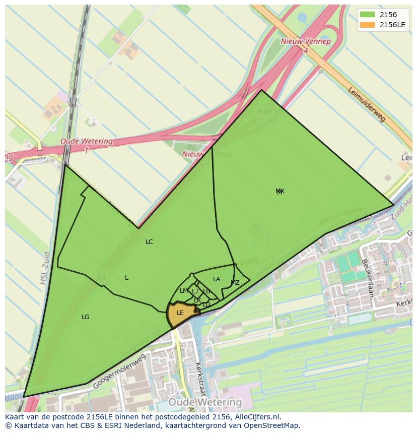 Afbeelding van het postcodegebied 2156 LE op de kaart.