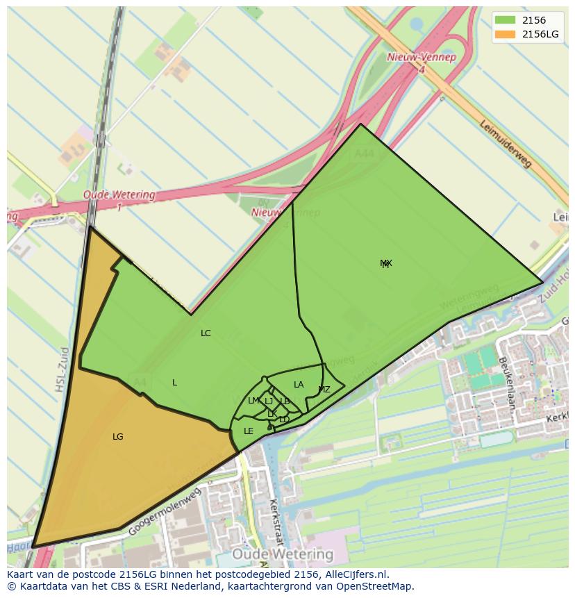 Afbeelding van het postcodegebied 2156 LG op de kaart.