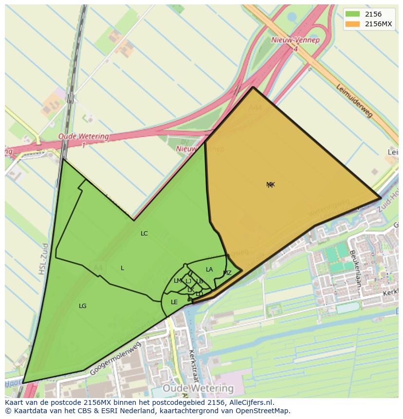 Afbeelding van het postcodegebied 2156 MX op de kaart.