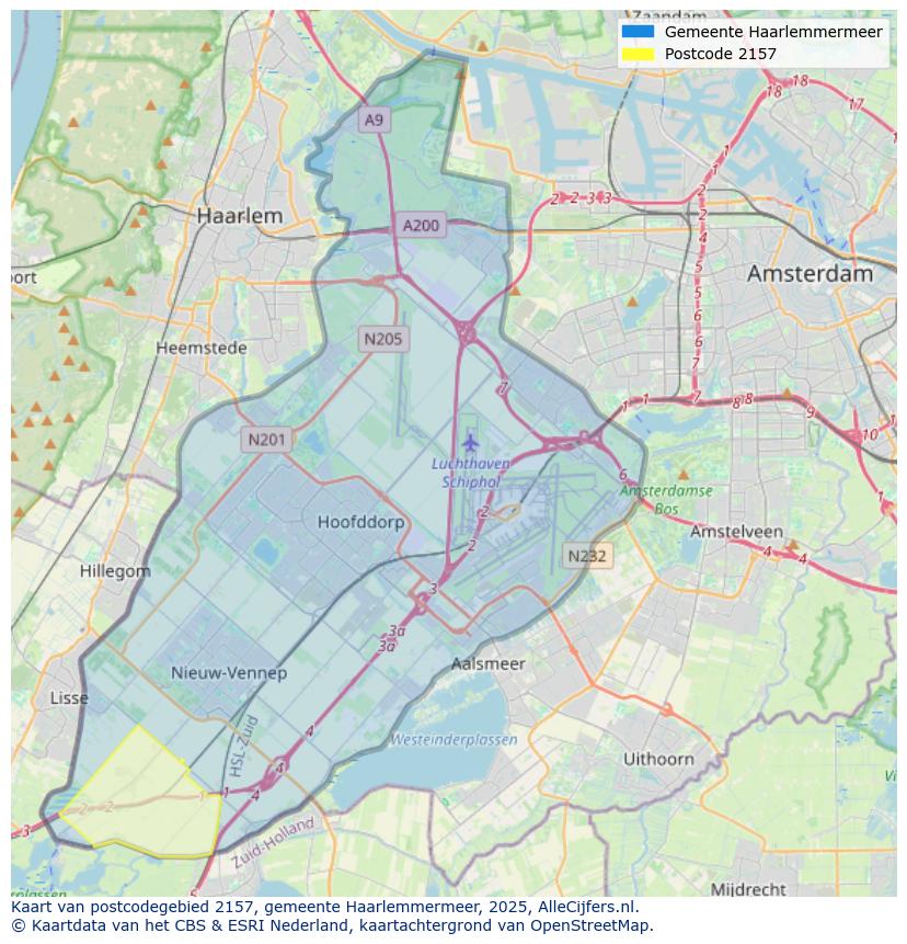 Afbeelding van het postcodegebied 2157 op de kaart.