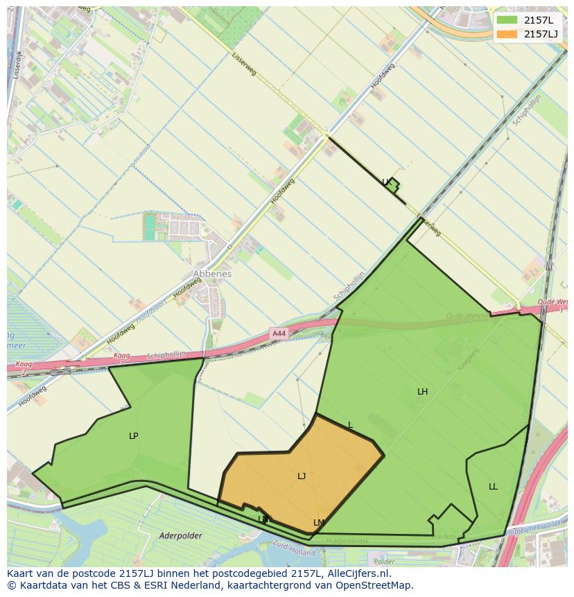 Afbeelding van het postcodegebied 2157 LJ op de kaart.