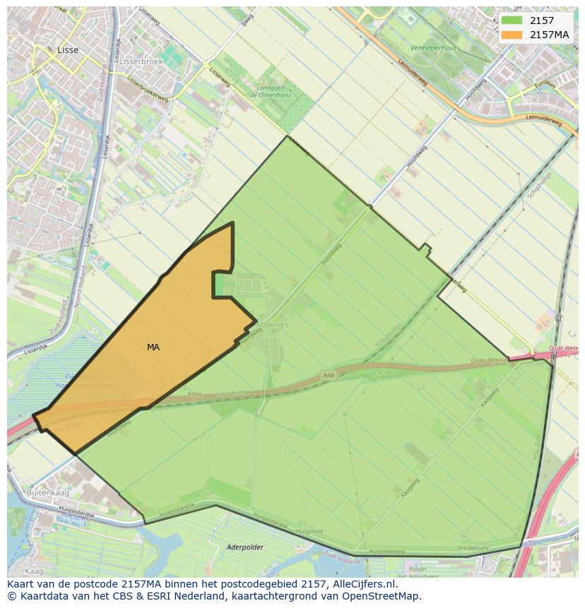 Afbeelding van het postcodegebied 2157 MA op de kaart.