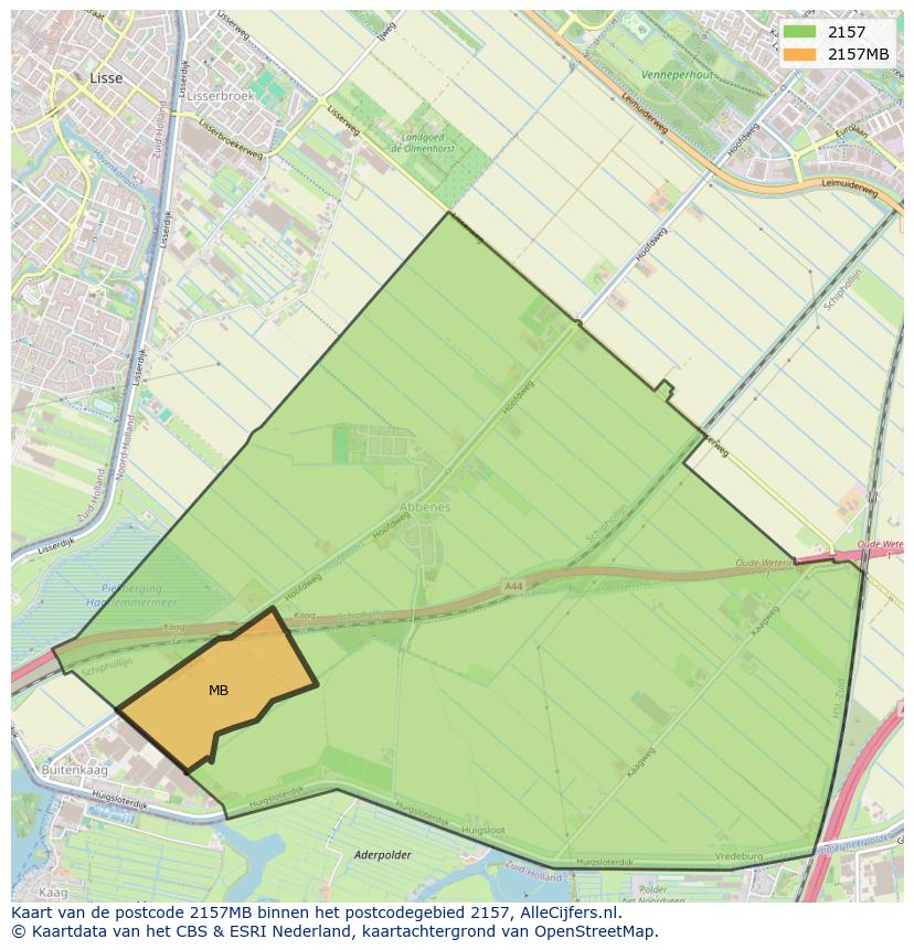 Afbeelding van het postcodegebied 2157 MB op de kaart.