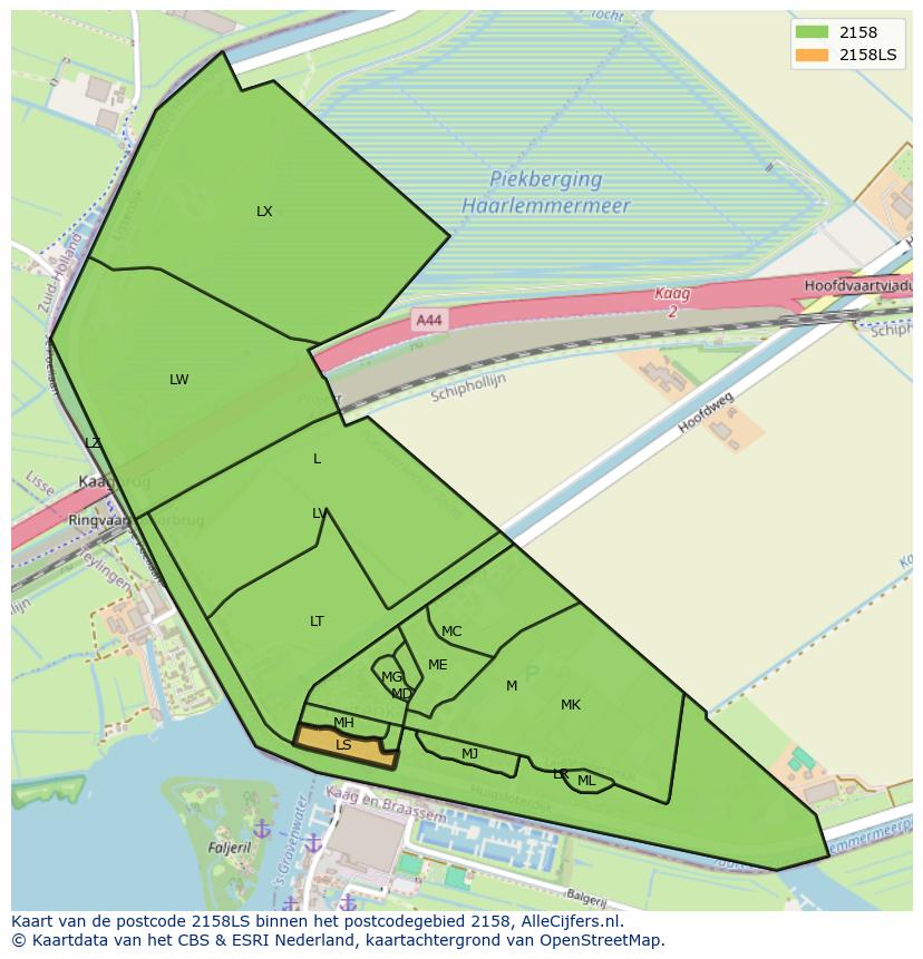 Afbeelding van het postcodegebied 2158 LS op de kaart.