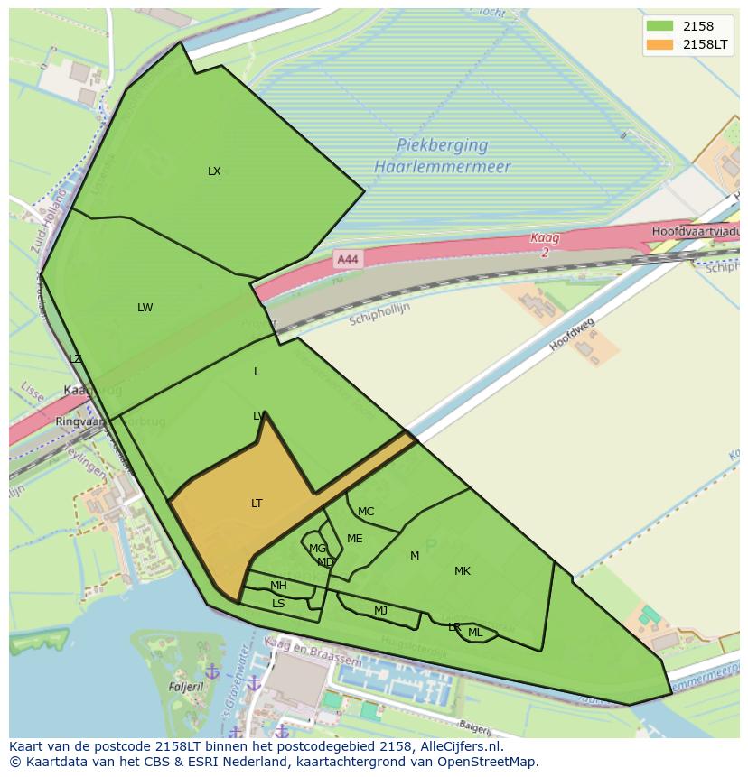 Afbeelding van het postcodegebied 2158 LT op de kaart.