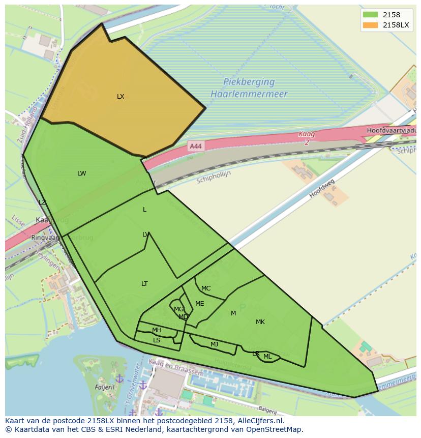 Afbeelding van het postcodegebied 2158 LX op de kaart.