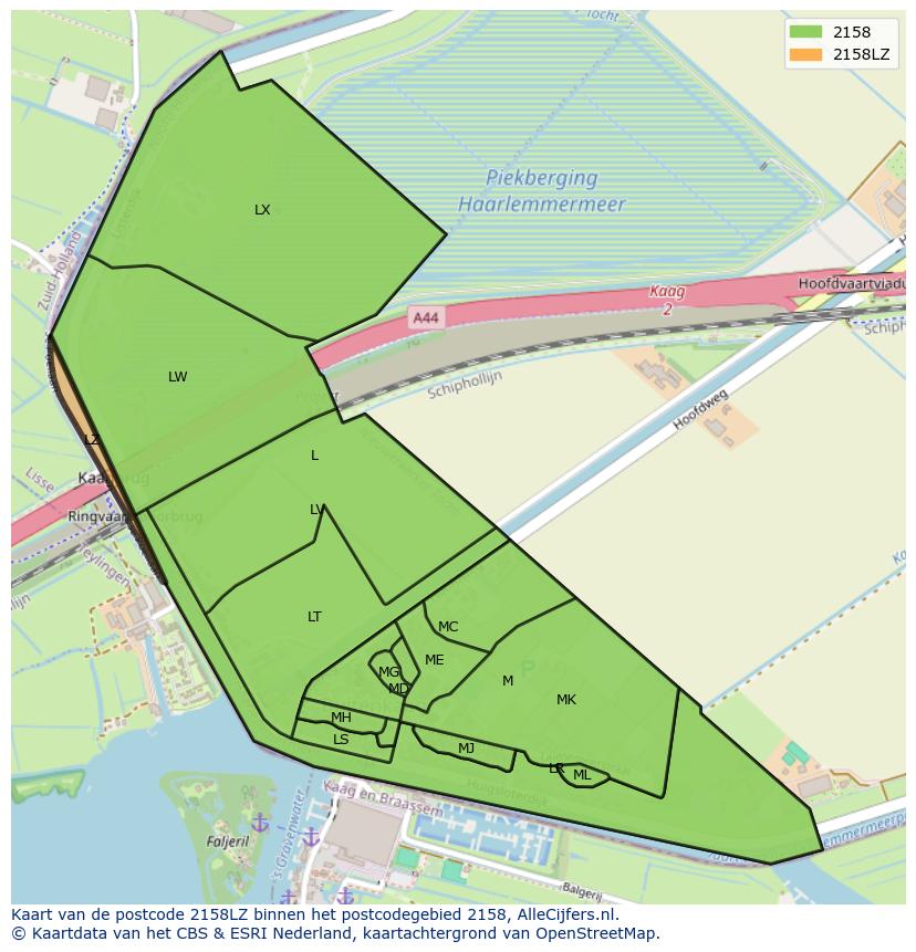 Afbeelding van het postcodegebied 2158 LZ op de kaart.