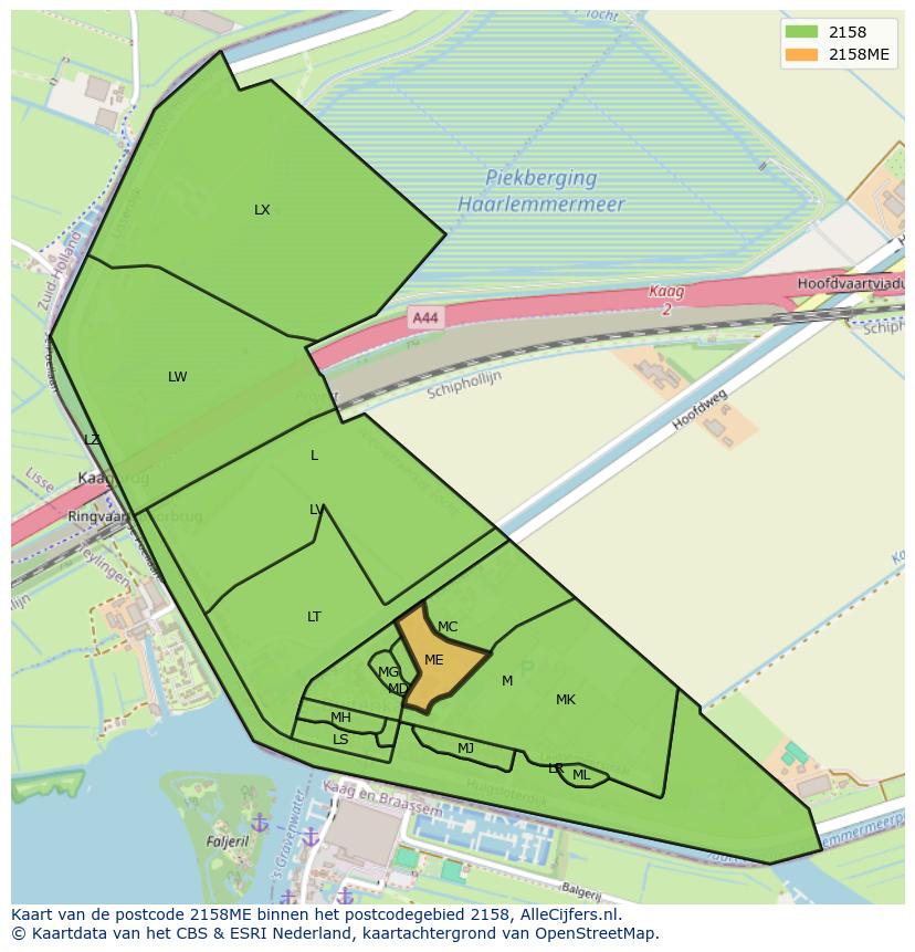 Afbeelding van het postcodegebied 2158 ME op de kaart.
