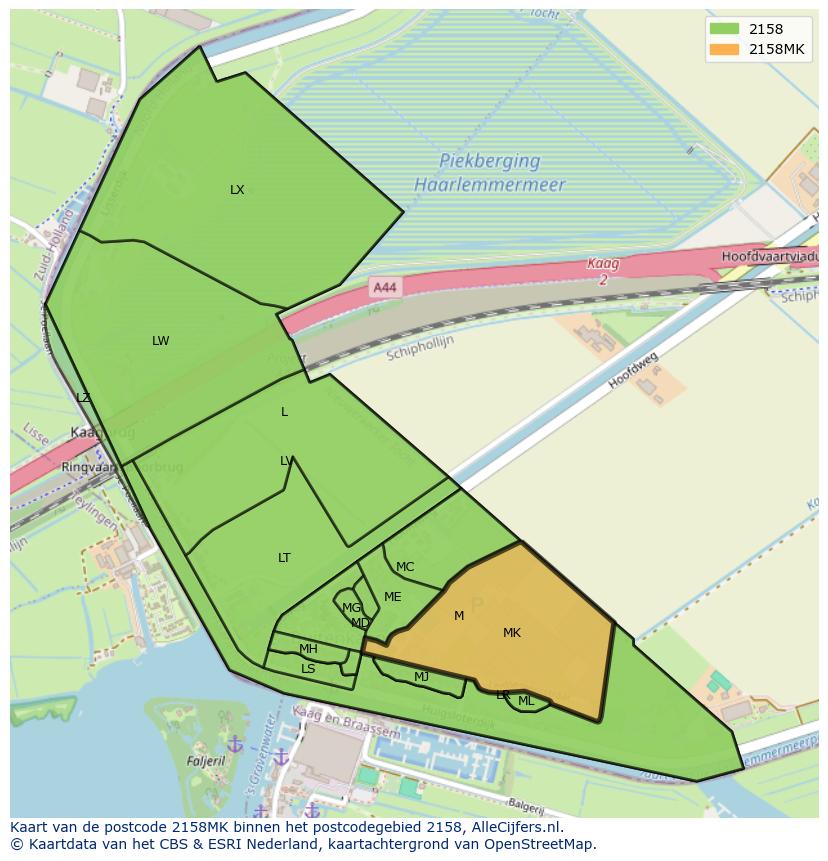 Afbeelding van het postcodegebied 2158 MK op de kaart.