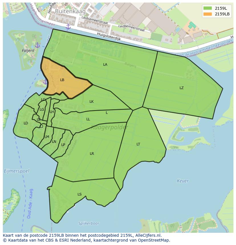Afbeelding van het postcodegebied 2159 LB op de kaart.