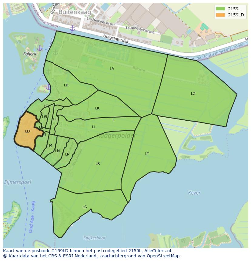 Afbeelding van het postcodegebied 2159 LD op de kaart.