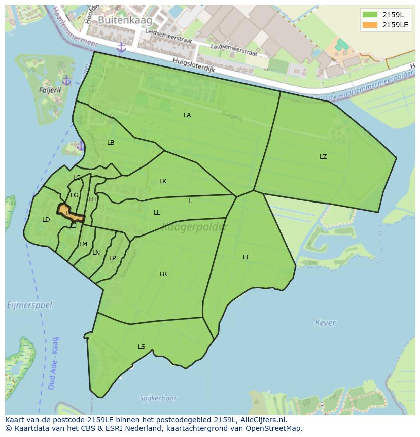 Afbeelding van het postcodegebied 2159 LE op de kaart.