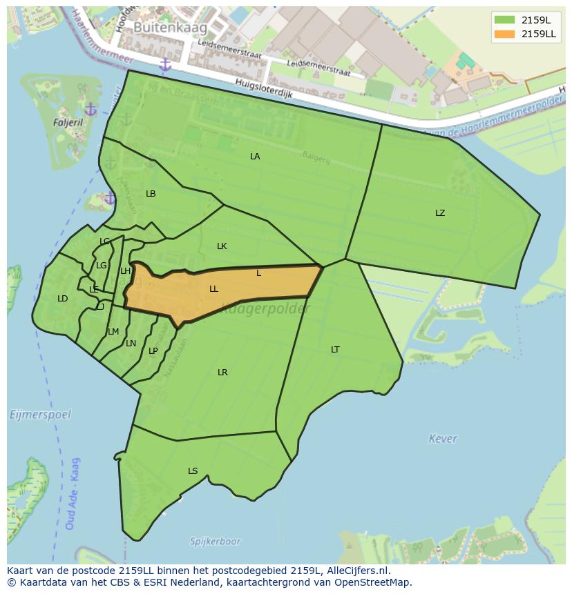 Afbeelding van het postcodegebied 2159 LL op de kaart.
