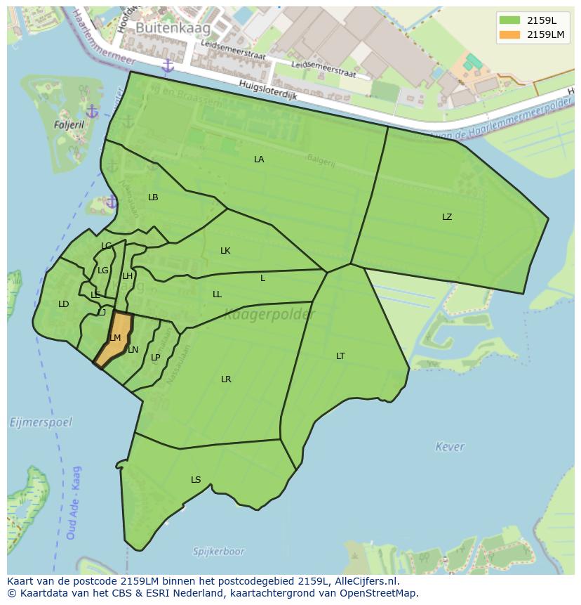 Afbeelding van het postcodegebied 2159 LM op de kaart.
