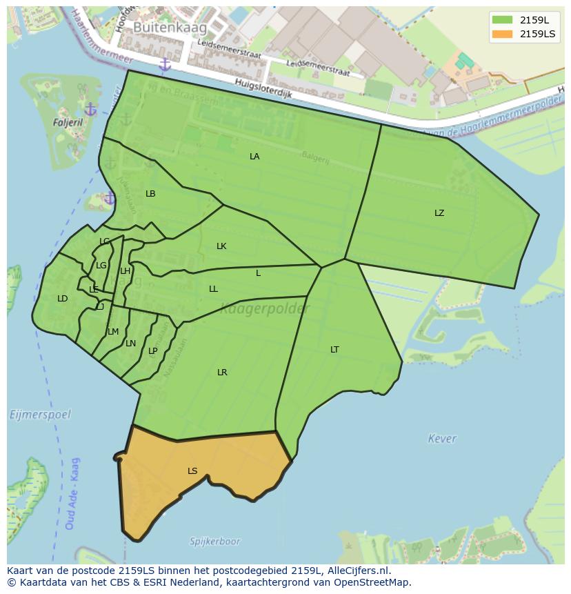 Afbeelding van het postcodegebied 2159 LS op de kaart.