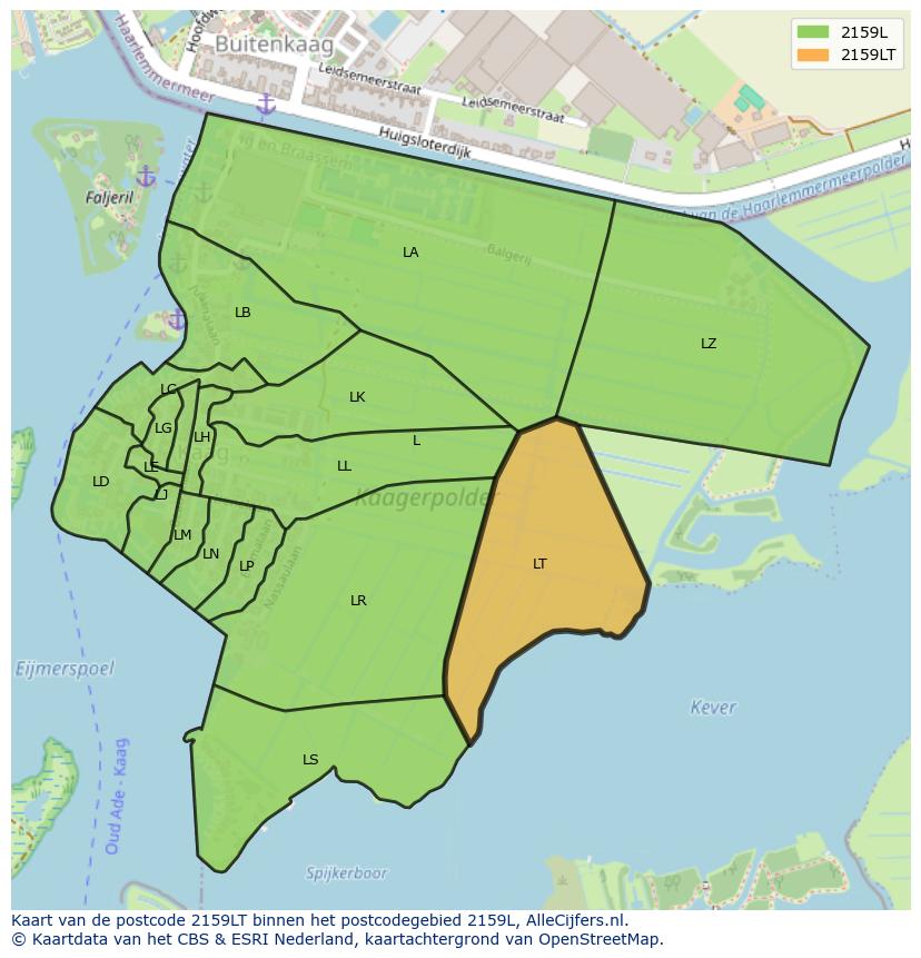 Afbeelding van het postcodegebied 2159 LT op de kaart.
