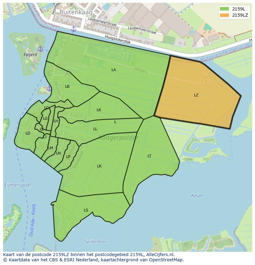 Afbeelding van het postcodegebied 2159 LZ op de kaart.