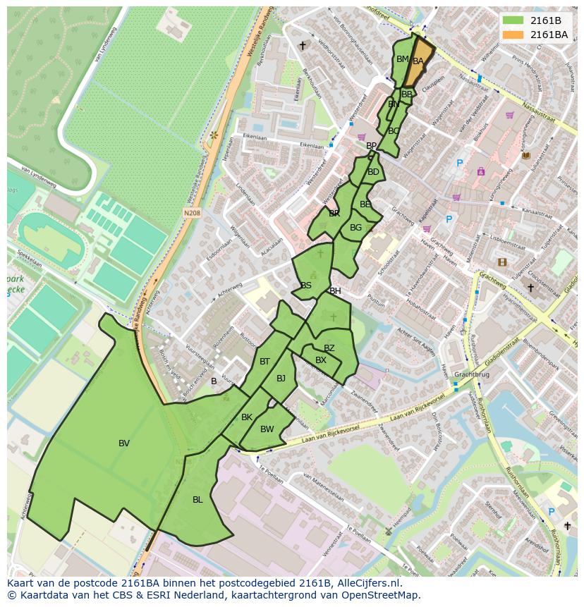 Afbeelding van het postcodegebied 2161 BA op de kaart.