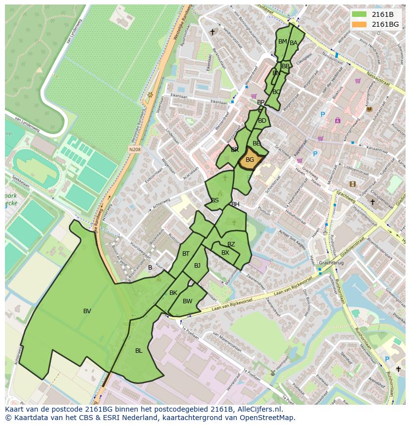 Afbeelding van het postcodegebied 2161 BG op de kaart.