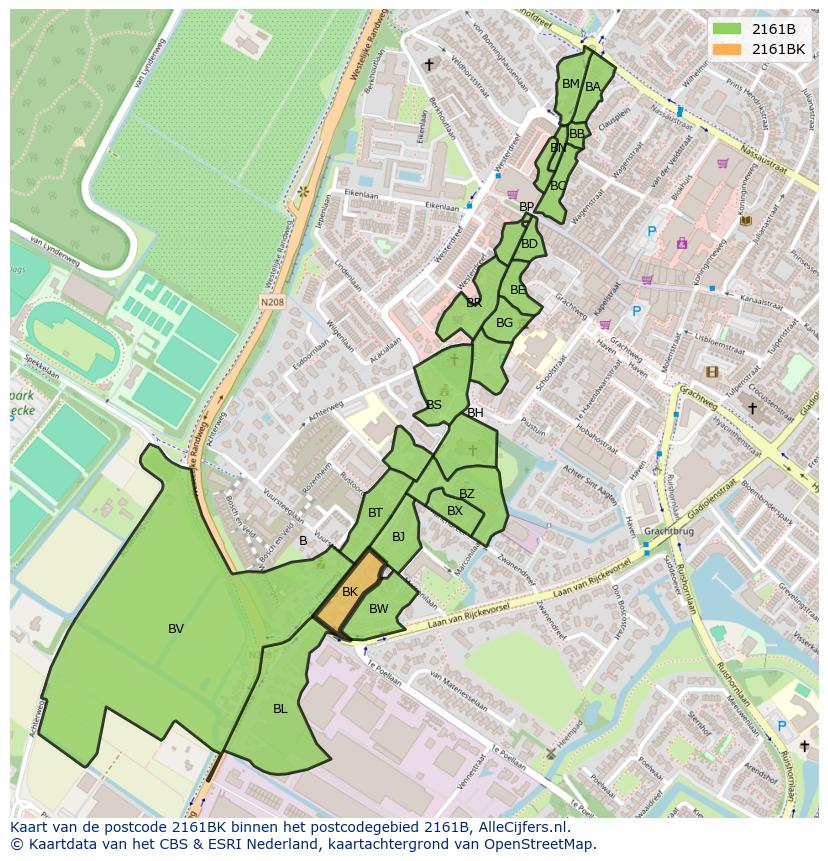 Afbeelding van het postcodegebied 2161 BK op de kaart.