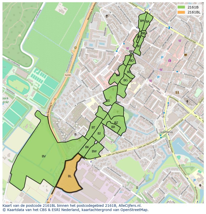 Afbeelding van het postcodegebied 2161 BL op de kaart.