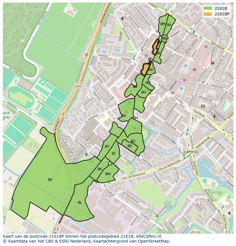 Afbeelding van het postcodegebied 2161 BP op de kaart.