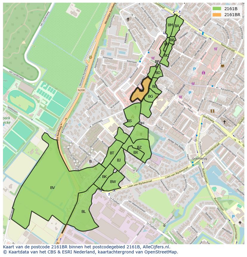 Afbeelding van het postcodegebied 2161 BR op de kaart.