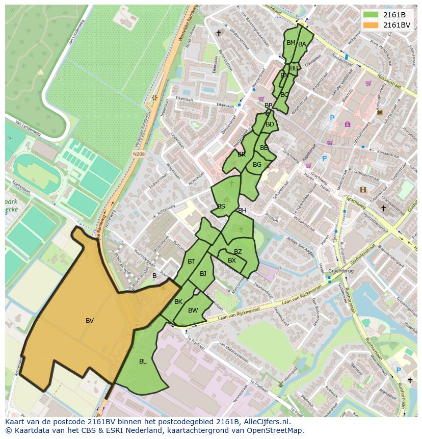 Afbeelding van het postcodegebied 2161 BV op de kaart.