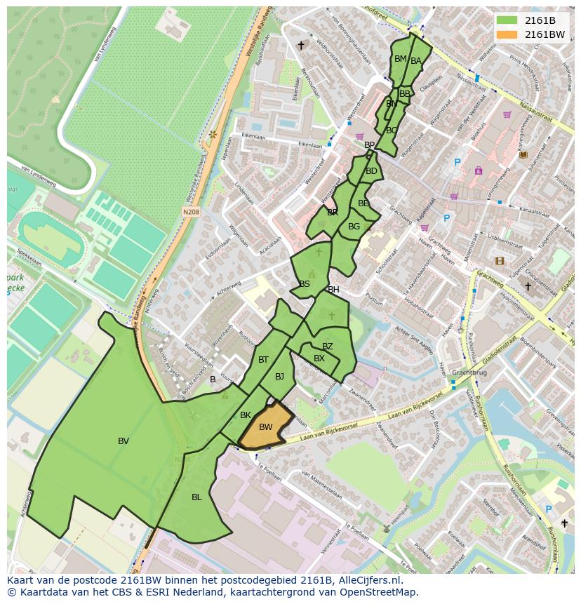 Afbeelding van het postcodegebied 2161 BW op de kaart.