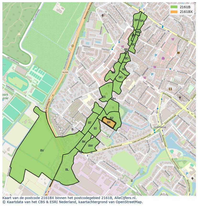 Afbeelding van het postcodegebied 2161 BX op de kaart.