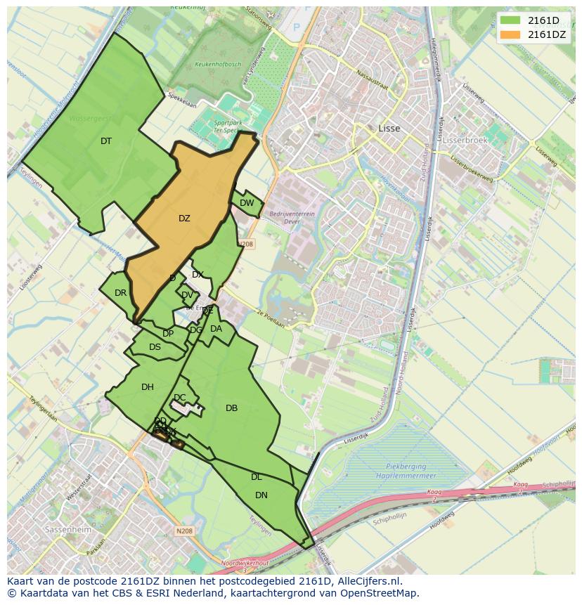 Afbeelding van het postcodegebied 2161 DZ op de kaart.