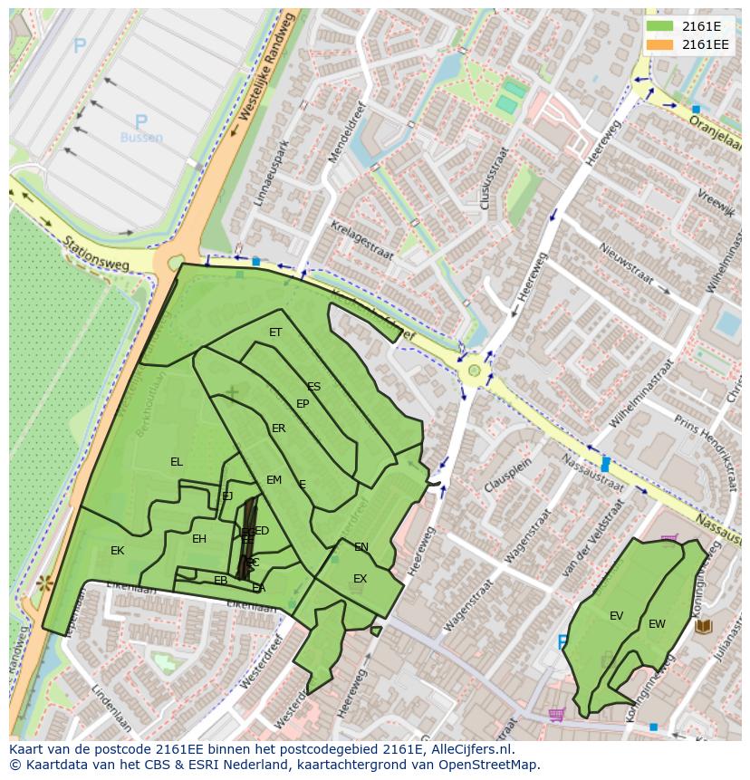 Afbeelding van het postcodegebied 2161 EE op de kaart.