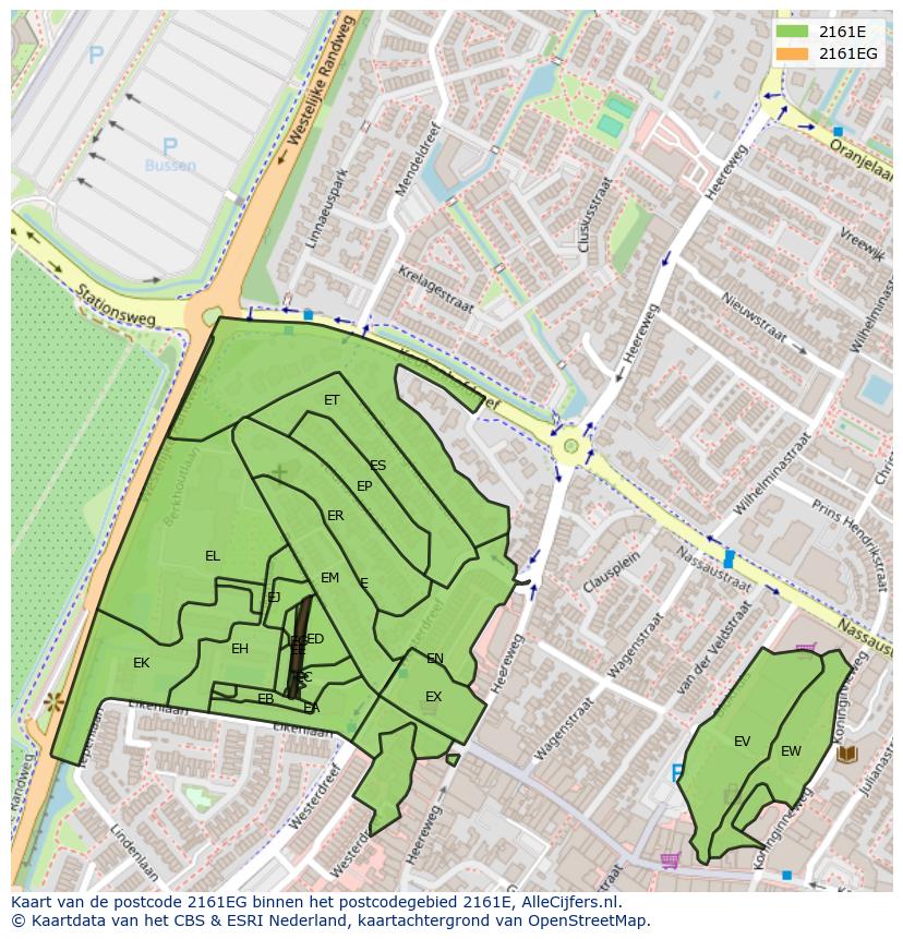 Afbeelding van het postcodegebied 2161 EG op de kaart.