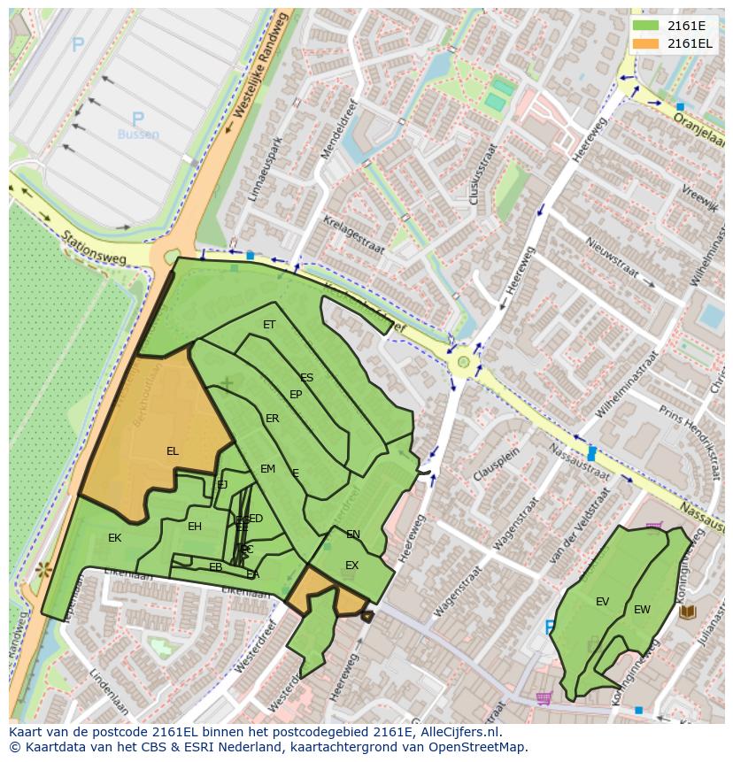 Afbeelding van het postcodegebied 2161 EL op de kaart.