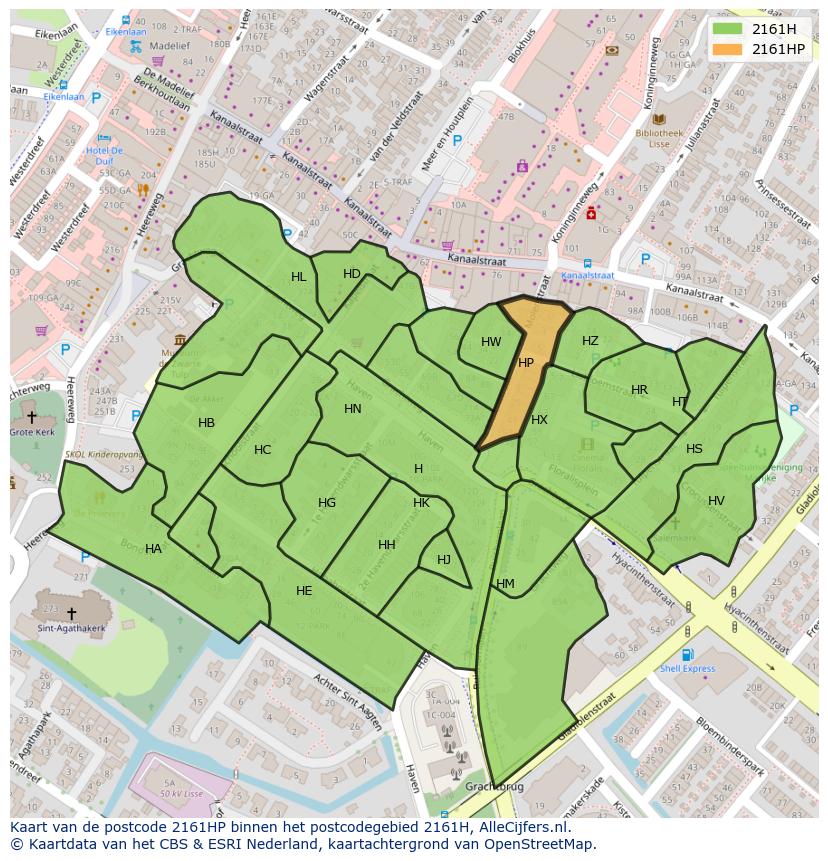 Afbeelding van het postcodegebied 2161 HP op de kaart.
