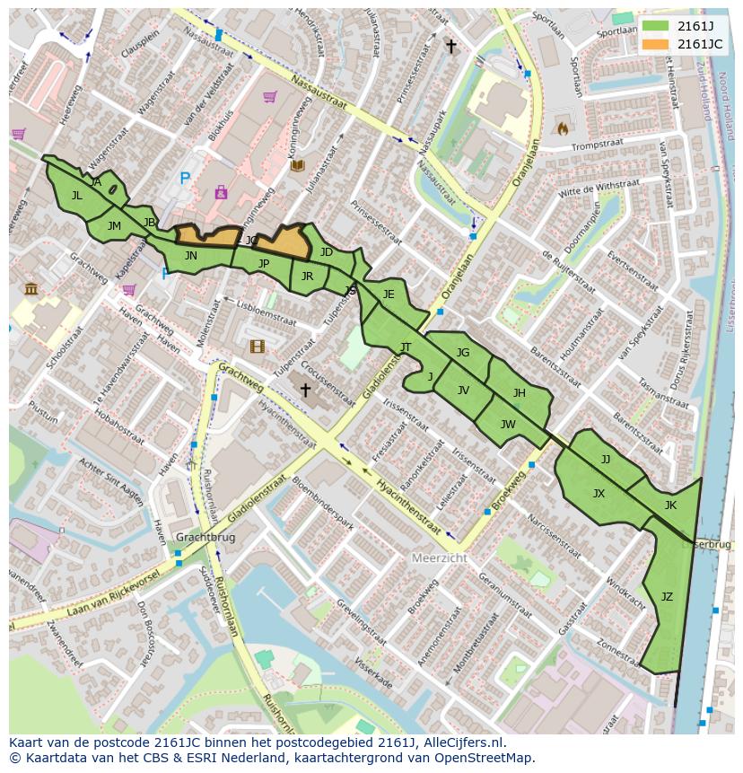 Afbeelding van het postcodegebied 2161 JC op de kaart.