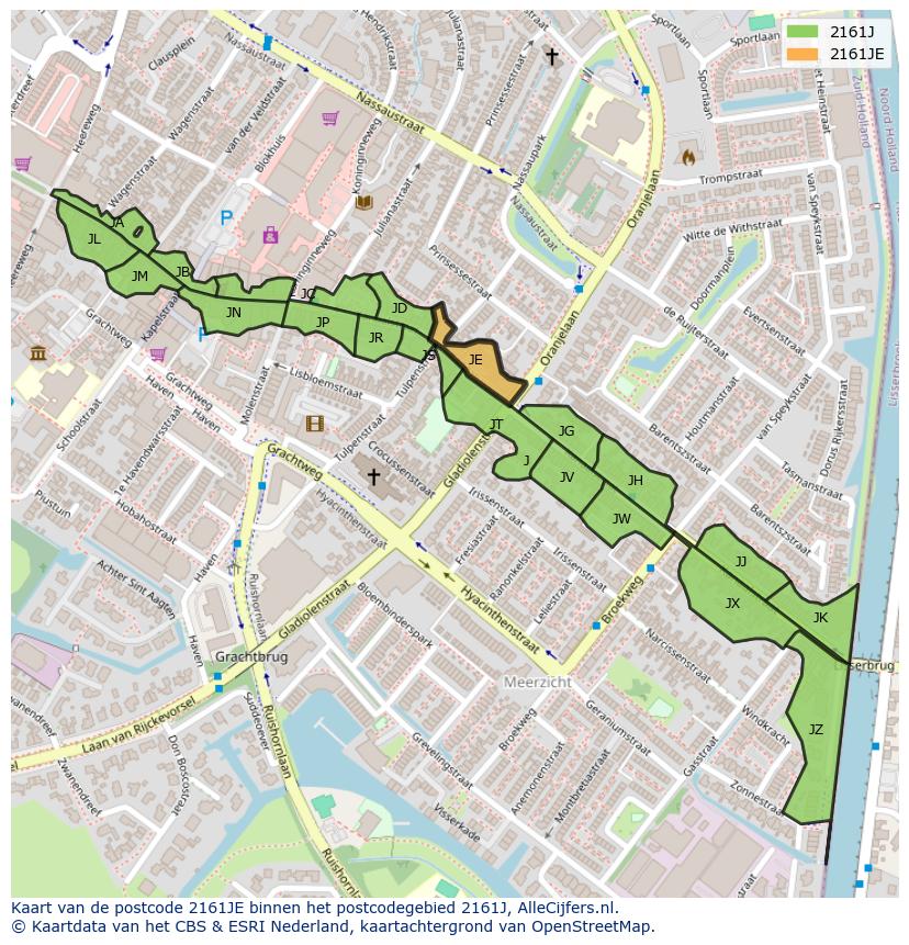 Afbeelding van het postcodegebied 2161 JE op de kaart.