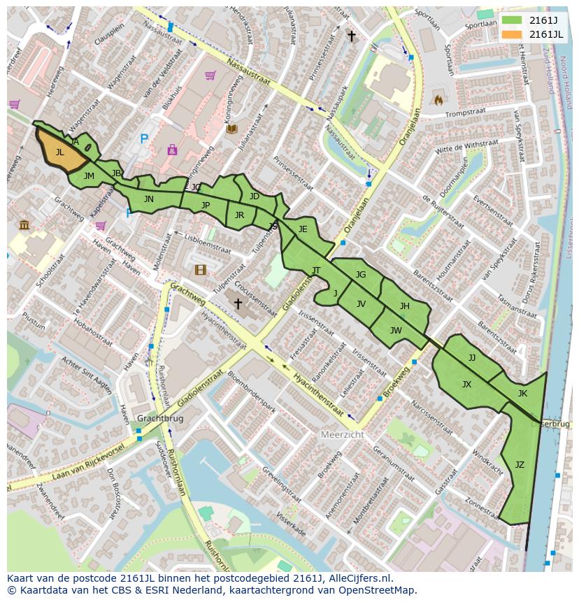 Afbeelding van het postcodegebied 2161 JL op de kaart.