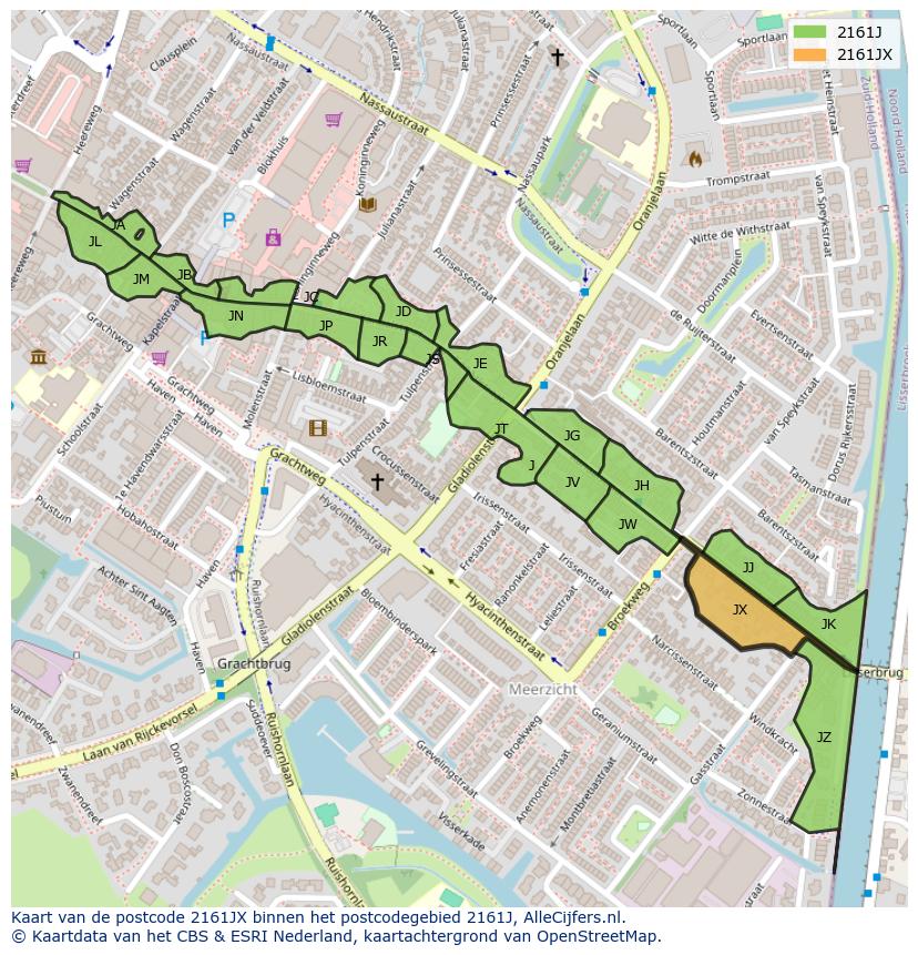 Afbeelding van het postcodegebied 2161 JX op de kaart.