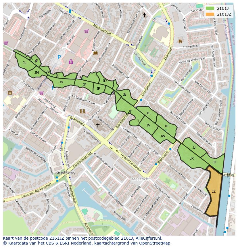 Afbeelding van het postcodegebied 2161 JZ op de kaart.