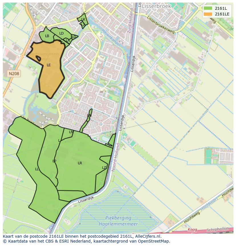 Afbeelding van het postcodegebied 2161 LE op de kaart.